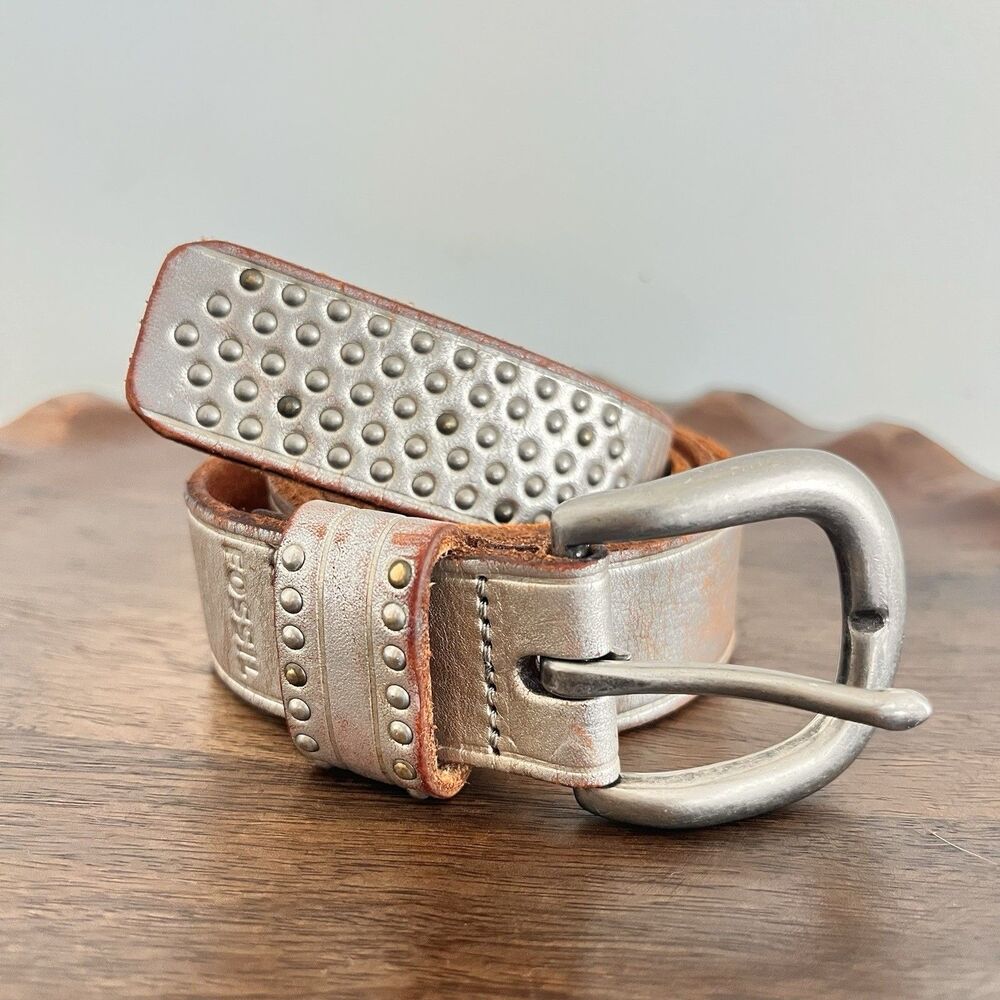 Fossil Womens BT3660 Genuine Leather Silver Metallic Dress Belt Small 1" wide
